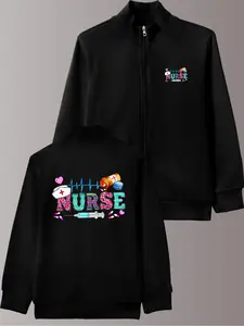 Nurse Print Women's Vintage American Style Sweatshirt Jacket, Zipper Design Cardigan, Fall & Winter Casual Fashion