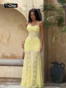 Elegant Lace Halter Backless Dress, Sleeveless V Neck Design, Perfect for Party, Formal & Casual Wear, Women's Fashionable Clothing