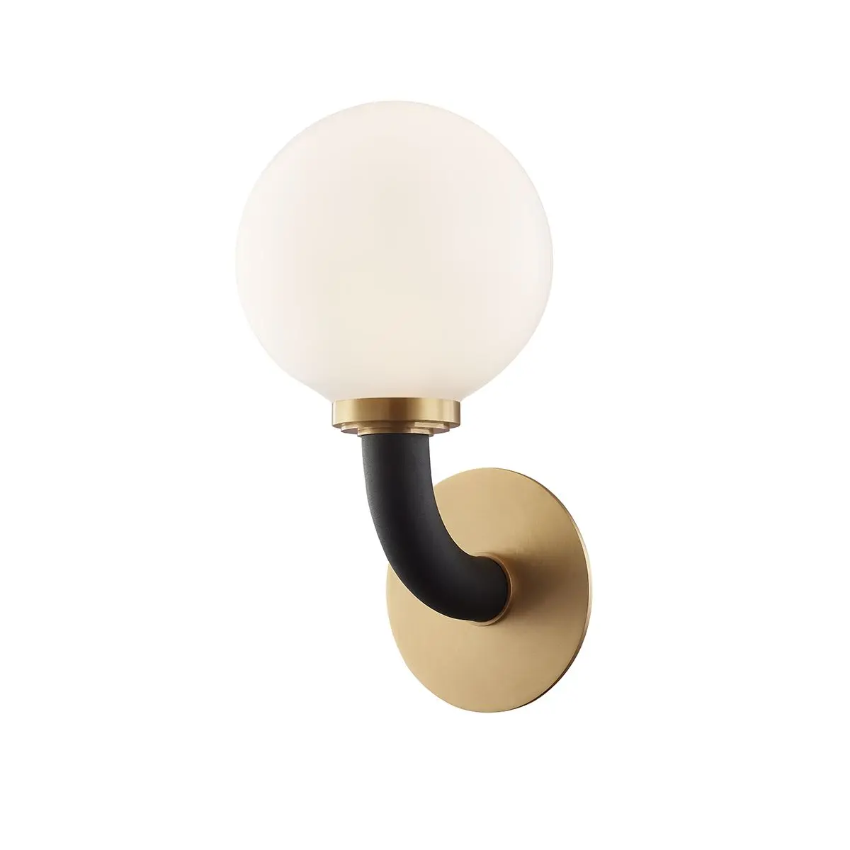 Modern Aged Brass Werner Sconce with Opal White Glass Globe Shade and Tubular Arm Design