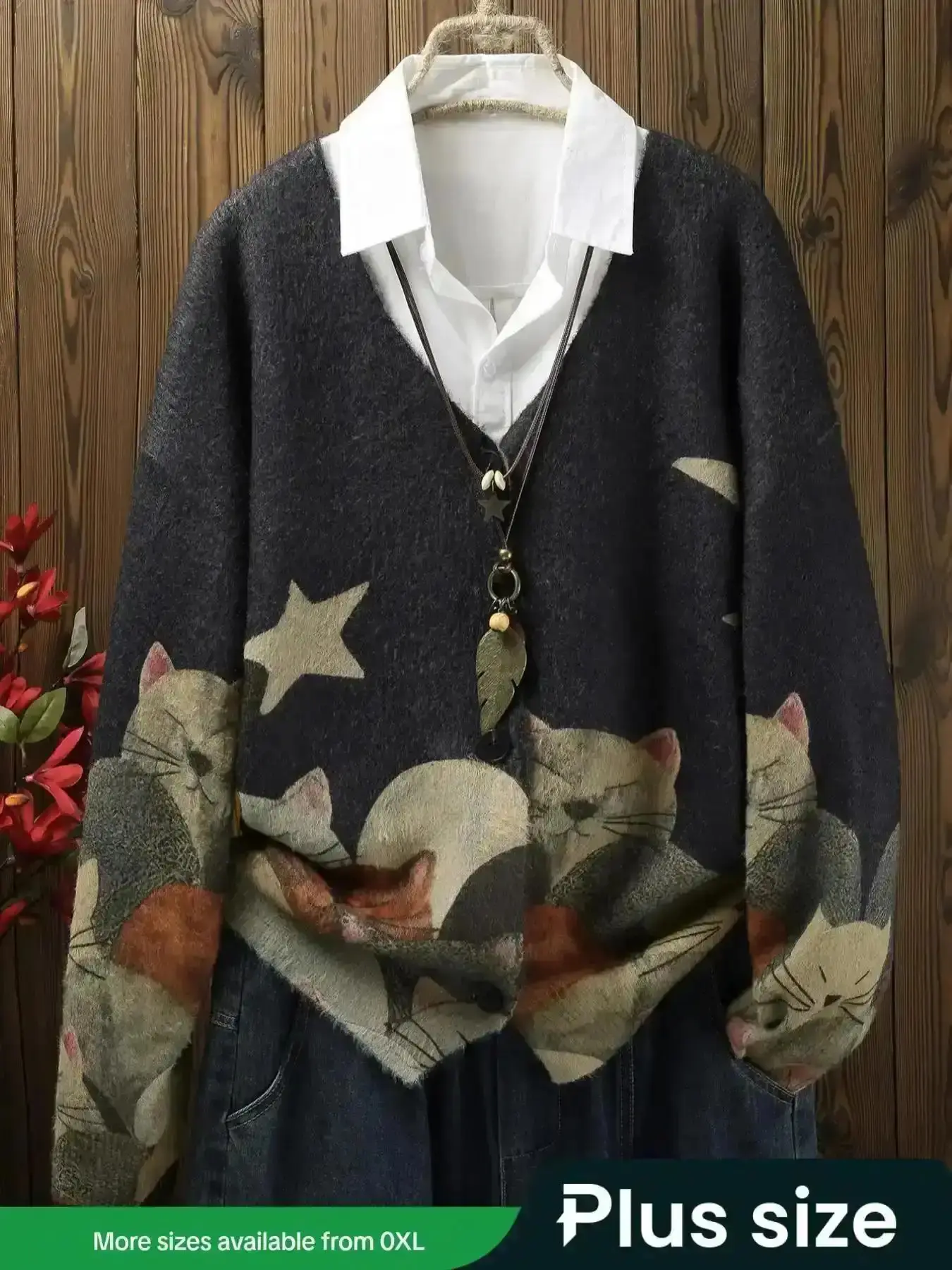 2026 Plus Size Women's Cozy Knit Cardigan with Cat Print & Button Front| Drop Shoulder Long Sleeve V-Neck Sweater| Soft Winter Fall Layering Piece| Casual Loungewear, men pullover, cozy sweater, men apparel