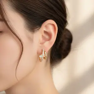 Huggie Hoop Earrings for Women - 14k Plated Gold with Cubic Zirconia, Dainty Half Hoop Stud Design, Hypoallergenic Gift