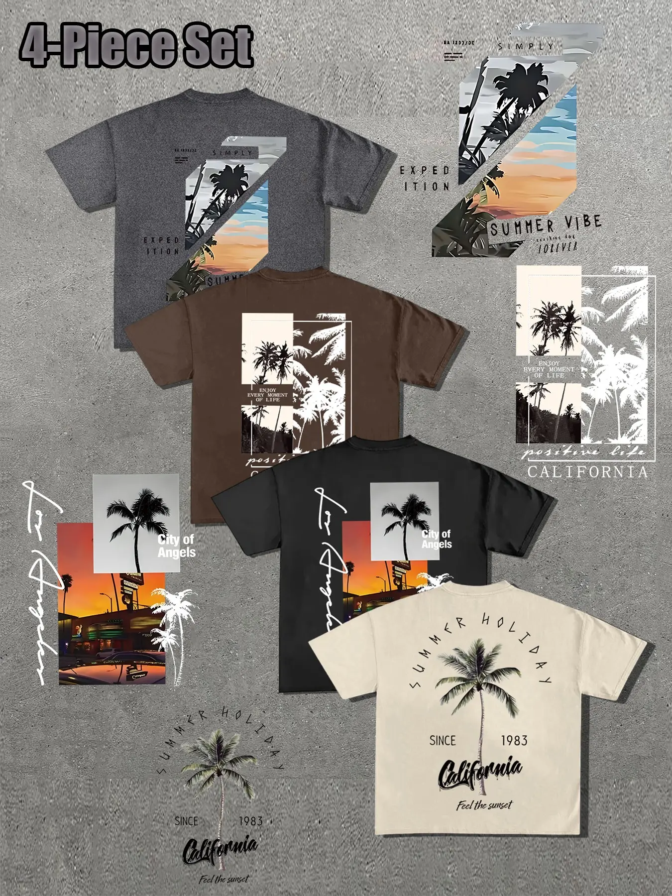 American Street Style Four-Piece Set, Outfit, Men's Tropical Coconut Sunset Print Loose Fit Short Sleeve T-Shirt, Summer Beach Vibe, Essential Summer Wear, Clothes