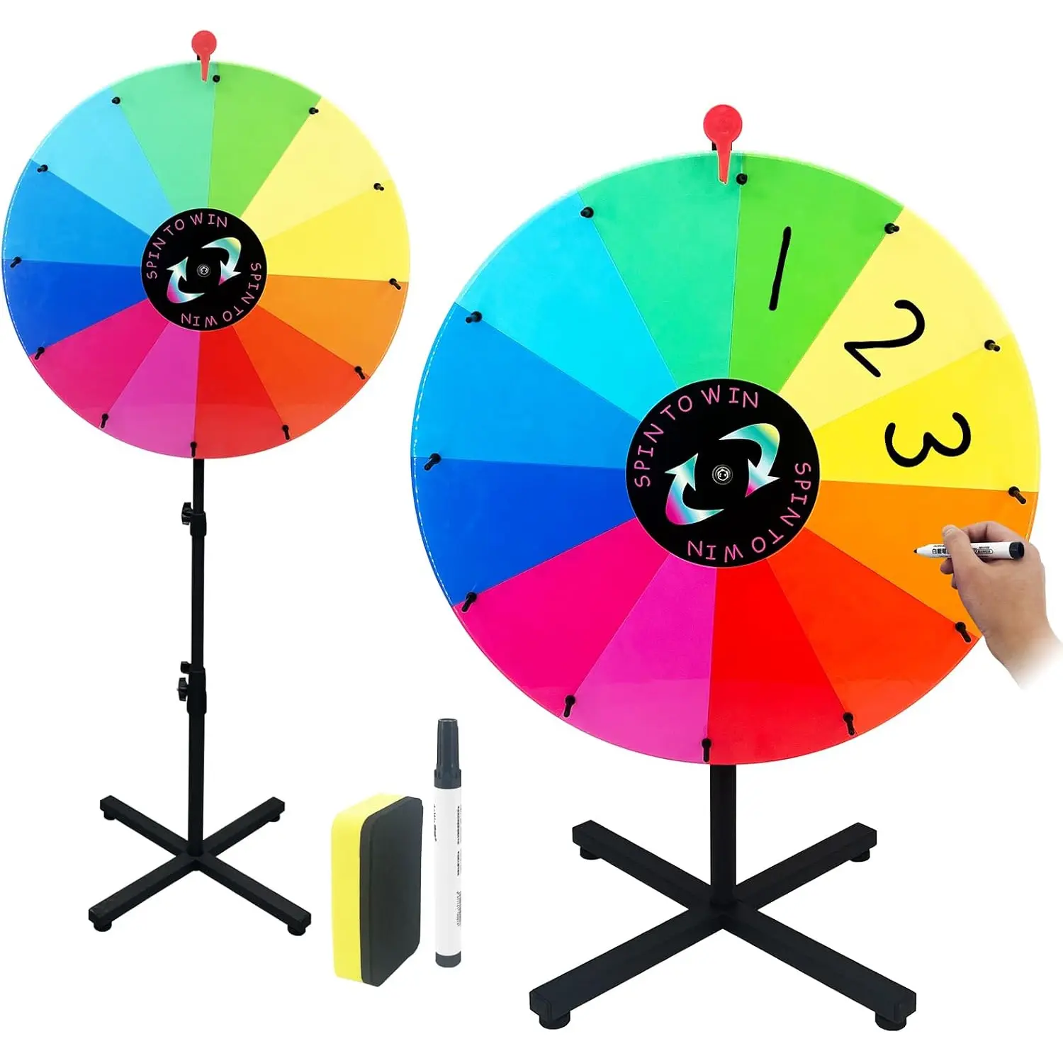 24-Inch Spinning Prize Wheel for Ages 6–8, Adjustable 32"-65" Height, 12 Colors, Dry Erase Marker & Eraser, Ideal for Carnival, Home Parties (Toys & Hobbies, Classic Novelty Gag Toy)