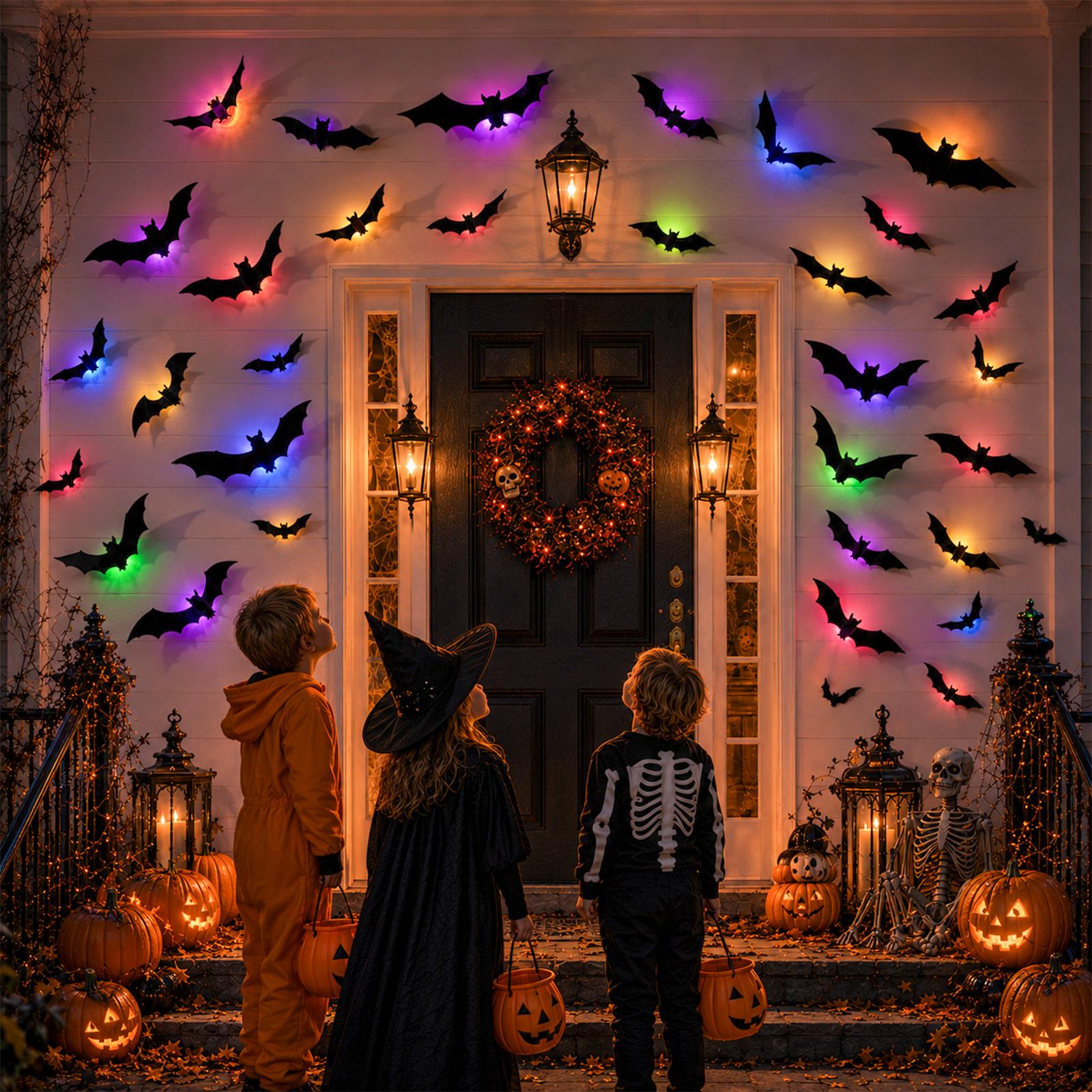 24 PCS Halloween 3D Bat Wall Decoration with 12 LED Lights, Remote Control, 13 Colors, 6H Timer, Thick PET Stickers (10 Sizes) & Painter's Tape - Halloween Decor for Walls, Windows, Creepy Vibe Parties, Led Lighting