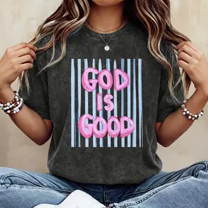 Unisex God is Good Print Washed T-Shirt Plus Size Shirt Cotton