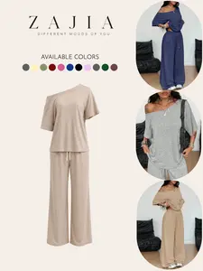 2026 Summer Women's Casual Asymmetric Neck Top Wide-Leg Pants Two-Piece Set, Stylish and Comfortable for Daily Wear