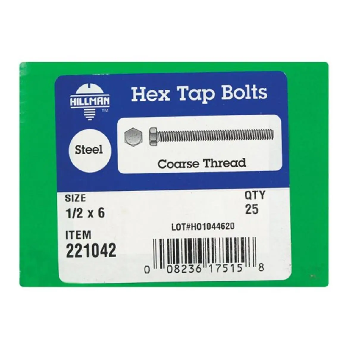Hillman 221042 Hex Tap Bolt - 0.5 in x 6 in, 1/2" x 4" Fully Threaded, Zinc Finish, 7.8 lbs, Box of 25 Hex Head Screws for Sailing & Water Sports, Bolts, 3.3" H X 4.4" W X 6.9" L