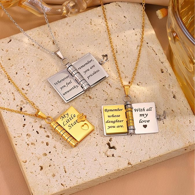 Best Mom Ever ​​Book Necklace—the perfect gift choice for Mother's Day.Featuring a charming book-style design,it is meticulously crafted from rust-resistant 316 titanium steel—an ideal gift for Mom,a daughter or a loved one.Perfect Gift for Mother's Day