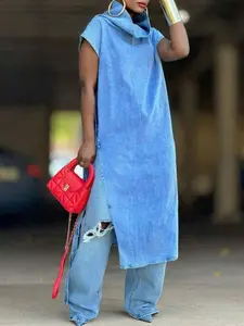 Women's Blue Turtleneck Tunic Dress - Sleeveless Drop Shoulder & Side Split Detail |   Fit For Street Style, Daily Errands, Weekend Brunch, Casual Gatherings & Urban Outings (Chic, Layered & Effortlessly Cool) For , Modern Looks