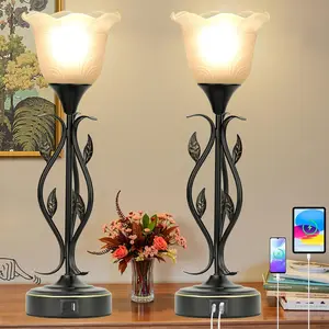 Bedside Lamps 1/2PACK, Table Lamp with USB Port 3 Way Dimmable Touch lamp Torchiere Nightstand Lamps with Rustic Vines Leaf and Glass Flower Shade lamp for Bedroom, Living Room, Office