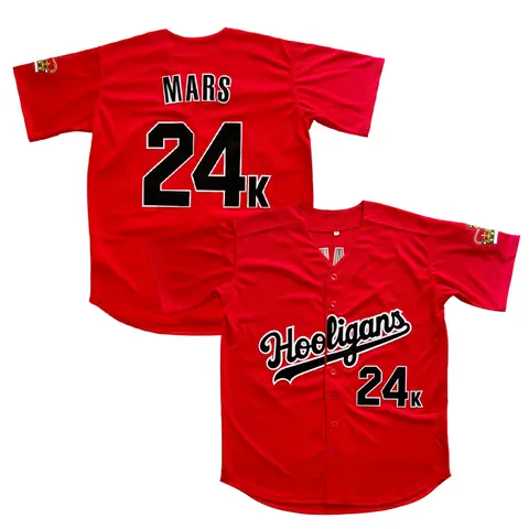 Men's Mars Hooligans Athletic Baseball Sports Jersey - Male, Bold #24K Number Print, Breathable Polyester, V-Collar, Relaxed Cut, Short Sleeves, Red White, XS-3XL, Outdoor Sports Fan Clothing