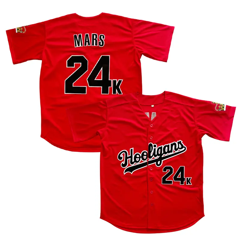Men's Mars Hooligans Athletic Baseball Sports Jersey - Male, Bold #24K Number Print, Breathable Polyester, V-Collar, Relaxed Cut, Short Sleeves, Red White, XS-3XL, Outdoor Sports Fan Clothing