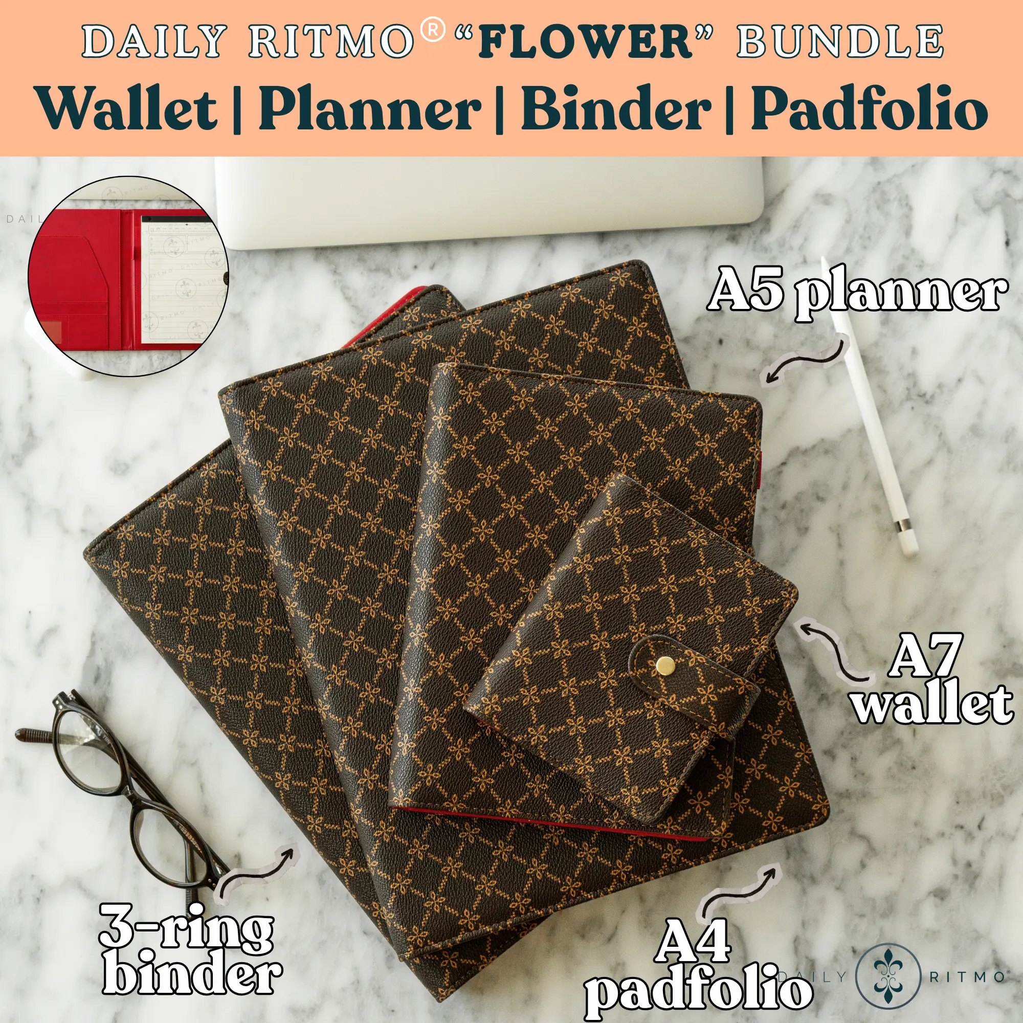 DAILY RITMO White ALL-IN Bundle - A7 Mini Wallet, A5 Planner, 3-Ring Binder, A4 Padfolio