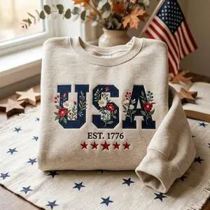 [Made in US] Embroidered Floral USA Sweatshirt T-shirt Hoodie, 1776-2026 Flower Crewneck, Patriotic Red White Blue Cotton Shirt, Americana Gift