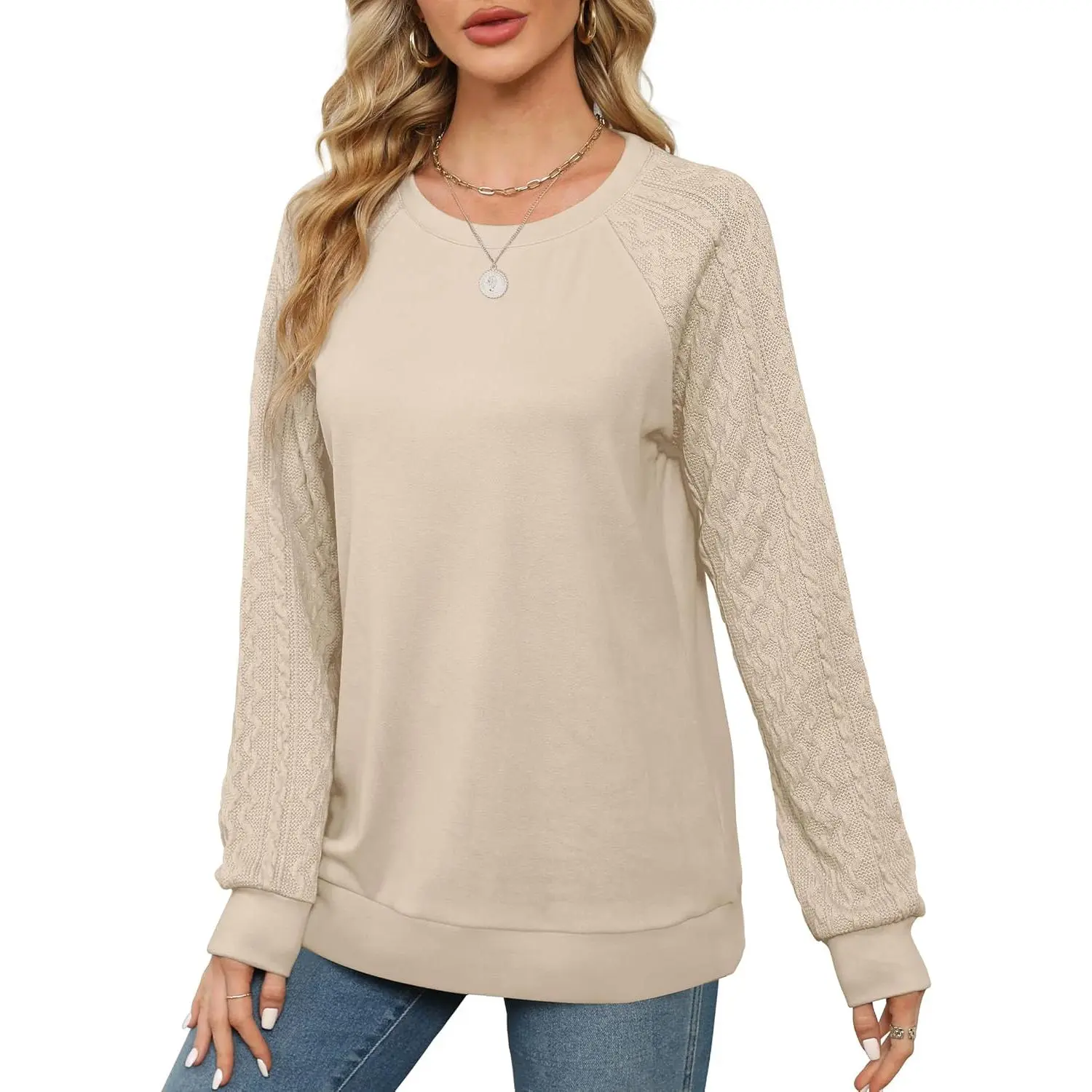 Women's Lightweight Cable Knit Crewneck Sweatshirt - Fashion Sweater with Knit Sleeves Comfortable Casual Pullover Perfect for Everyday Wear 2025 Style Cozy Soft Fabric Ladies Clothing Women's Lightweight Cable Knit Crewneck Sweatshirt - Fashion Sweater with Knit Sleeves Comfortable Casual Pullover Perfect for Everyday Wear 2025 Style Cozy Soft Fabric Ladies Clothing