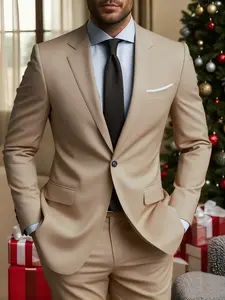 2pcs Men'S Suit Set | Suitable for Wedding, Business, Party | Full Set with Suit Jacket and Trousers, Groomsmen Business, Fashionable and Elegant, High Quality, Solid Color, Non-Stretch Fabric, All-Season