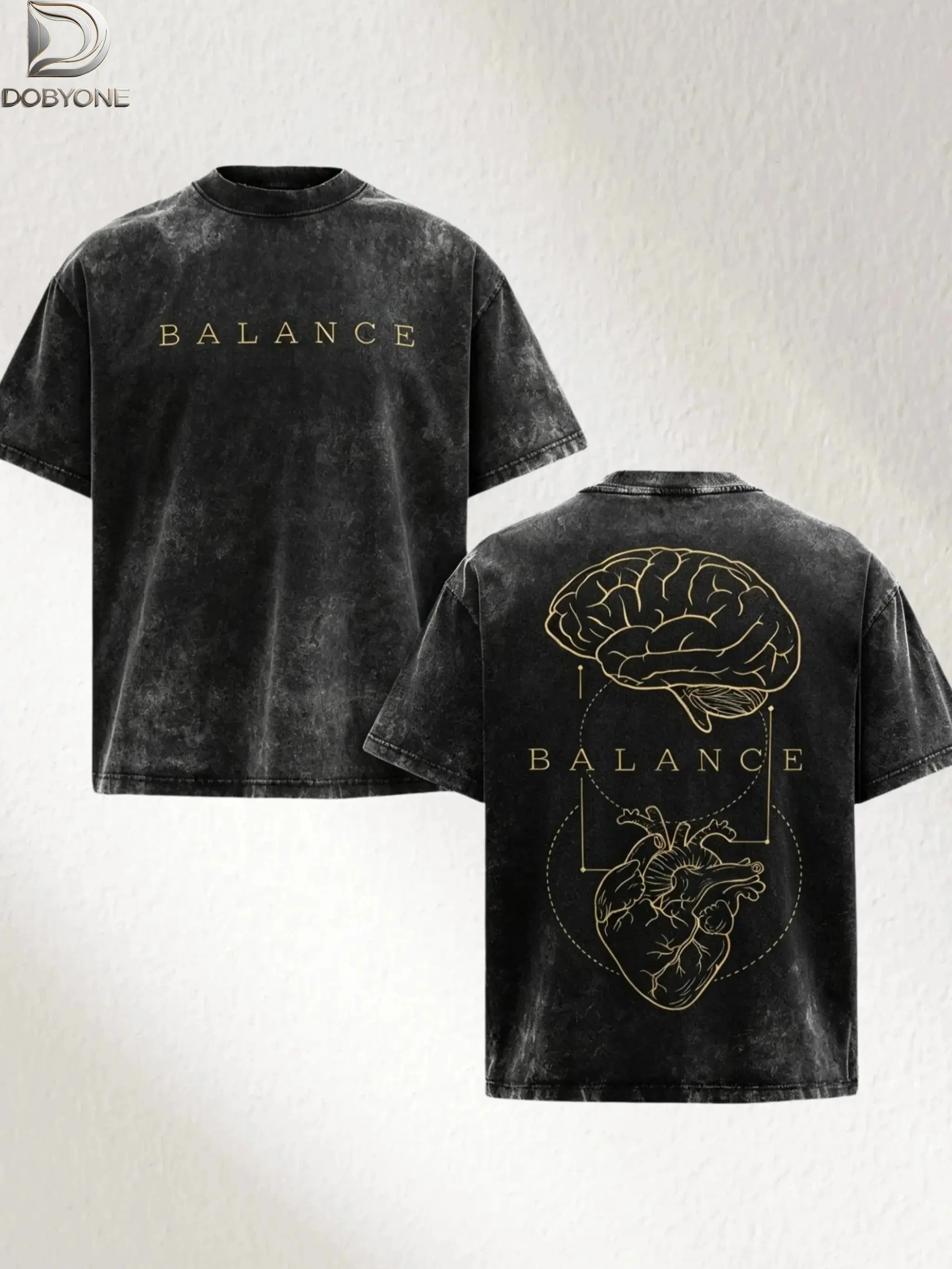 DOBYONE Men's BALANCE Double-Sided Brain & Heart Graphic Print Washed Vintage Oversized T-Shirt, Casual Streetwear Loose Fit Tee, Breathable Summer Top #DoubleSidedPrintTee #BalancePrintTShirt #WashedOversizedTee #StreetwearCasualTop #TikTokMa Tshirt