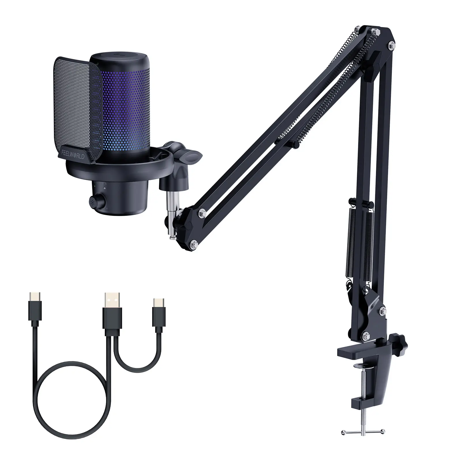FEELWORLD VM1 Gaming PC USB Microphone Condenser Mic with Boom Arm Stand Noise Cancellation RGB Light Mute, Computer Accessories for Gamer YouTube Twitch Podcast Streaming Recording Chat PS4 PS5