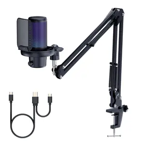 FEELWORLD VM1 Gaming PC USB Microphone Condenser Mic with Boom Arm Stand Noise Cancellation RGB Light Mute, Computer Accessories for Gamer YouTube Twitch Podcast Streaming Recording Chat PS4 PS5