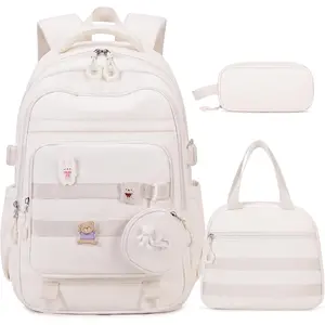 Backpacks for Girls - 4 count Girls Backpack with Lunch Bag & Pencil Pouch  Pruse for Teens  Elementary Middle High School College Student Bookbag Daypack (Beige)