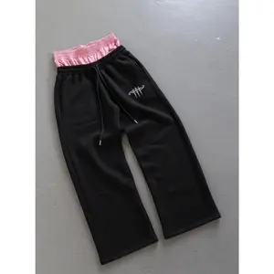 Black loose casual double-waist pants for men and women — black menswear with a faux two-piece sportswear design