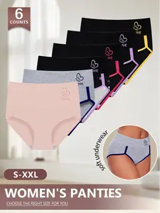 6-Pack Morelect Heart Print Colorblock High-Waisted Women's Underwear, Comfortable Mid-Waist Panties, Sizes S-Xxl, Waist Cinching
