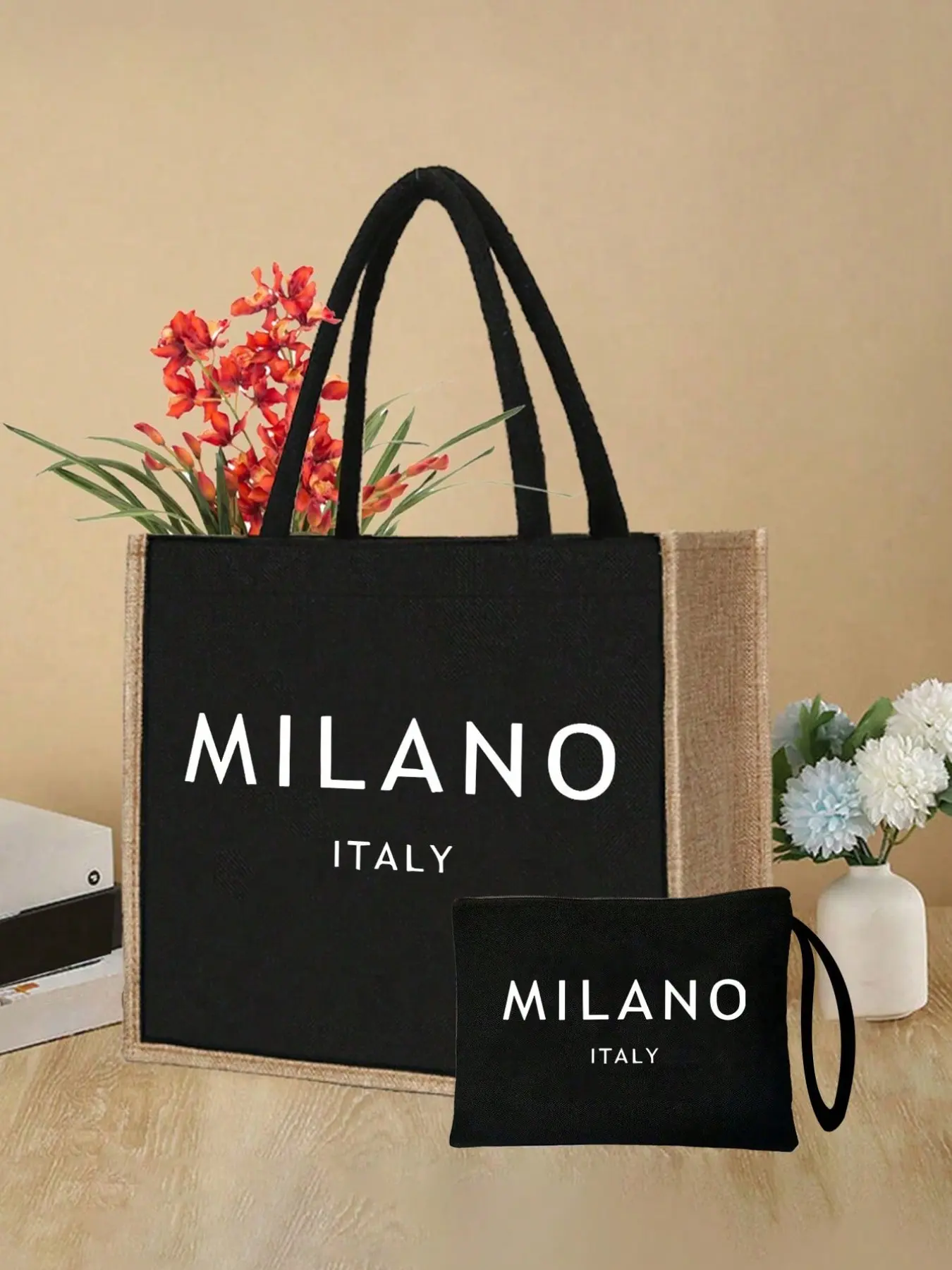 Linen Handbag Set with Milan Italy Print, Letter and Flower Patterns, Slouchy Shoulder Handbag, Fashionable Handbag, Fashionable Purse, Perfect Gift for Women, Mothers, Teachers, Friends, Weddings, Birthdays