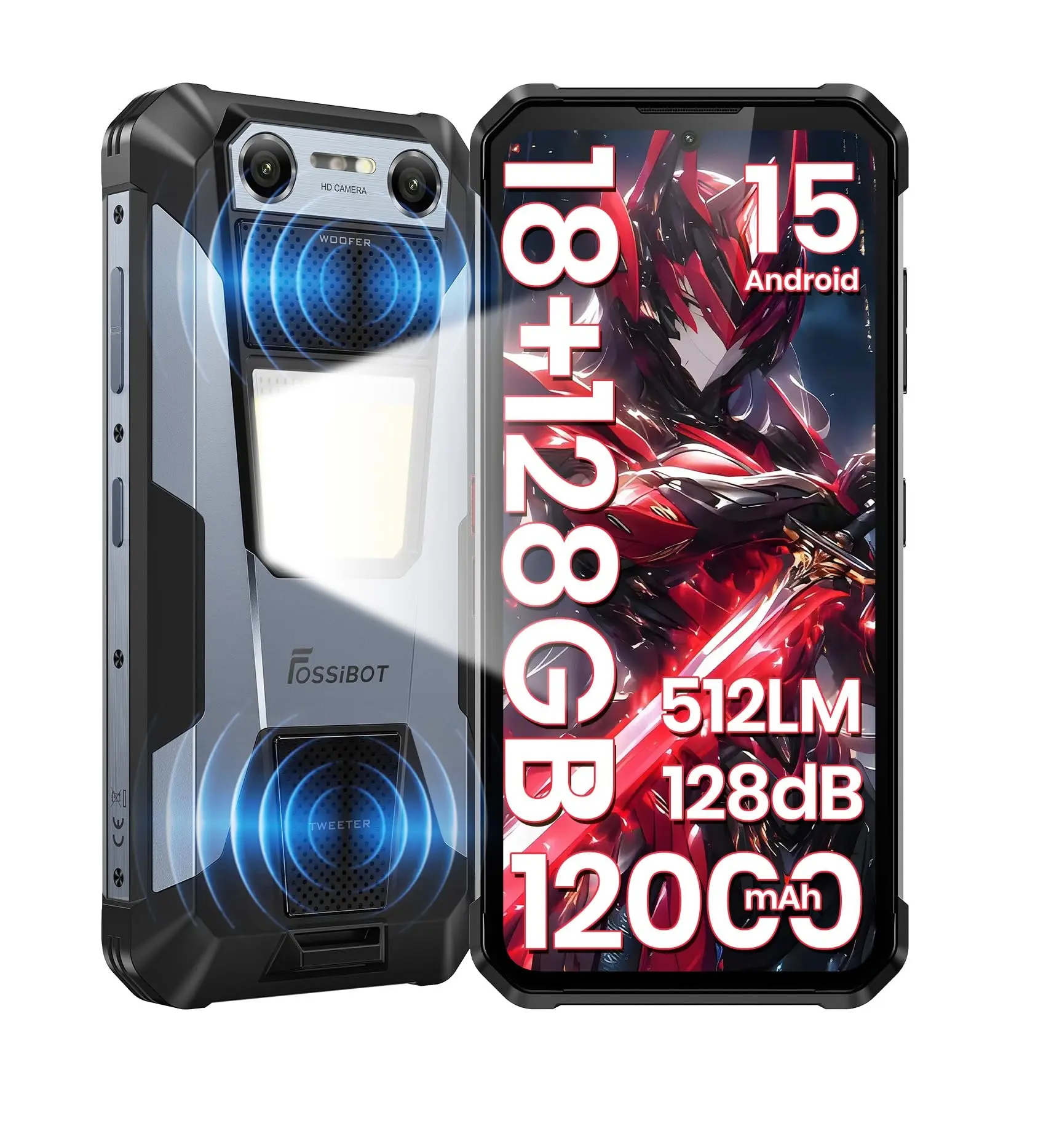 FOSSIBOT F106 Plus Rugged Smartphone, 12000mAh Big Battery 30W Fast Charging Phone, Android 15, 18GB+128GB/2TB, 512LM Camp Light, 128dB Double Speaker, 50MP+20MP Night Vision Camera, 4G Dual SIM NFC