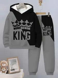 Boys' 3D Crown Printed Hoodie and Sweatpants Set, Youth Kits, Hoodies, Long Sleeve Slim Fit, Spring & Fall Casual Wear, New Arrival