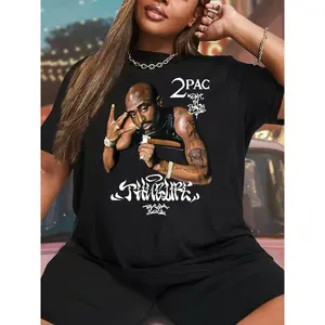 2PAC Letter and Portrait Print Fashion Slimming Round Neck T-Shirt, Casual Polyester Short Sleeve Top for Women, Spring/Summer, Cute T Shirts - Premium 180g Black Cotton Round Neck