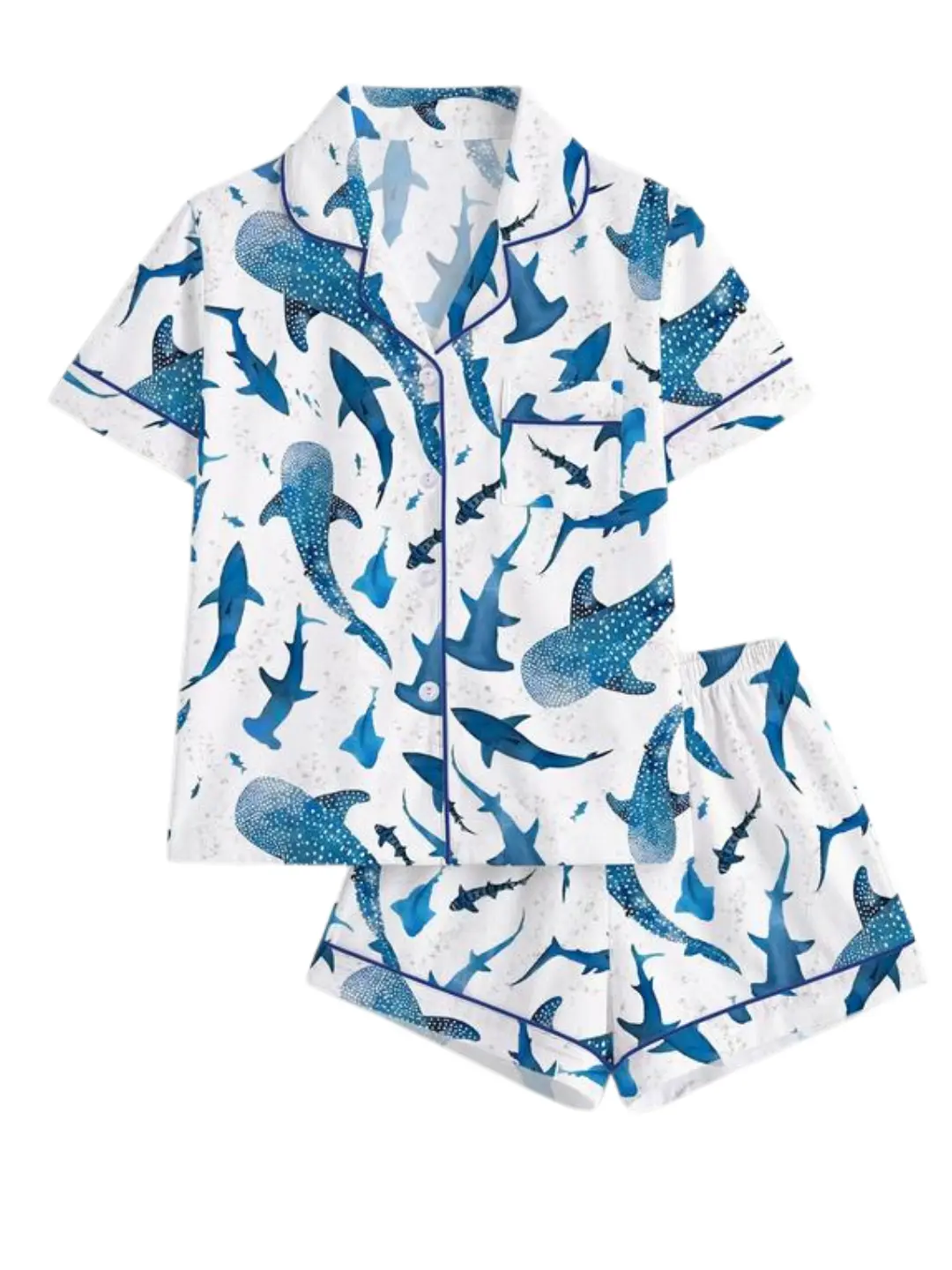 Women's Shark Print Pajama Set, Short Sleeve Button-Up Top and Elastic Shorts, Casual All-Season Sleepwear, Comfortable Home Wear, Homewear, Loungewear, Pyjamas, Pjs