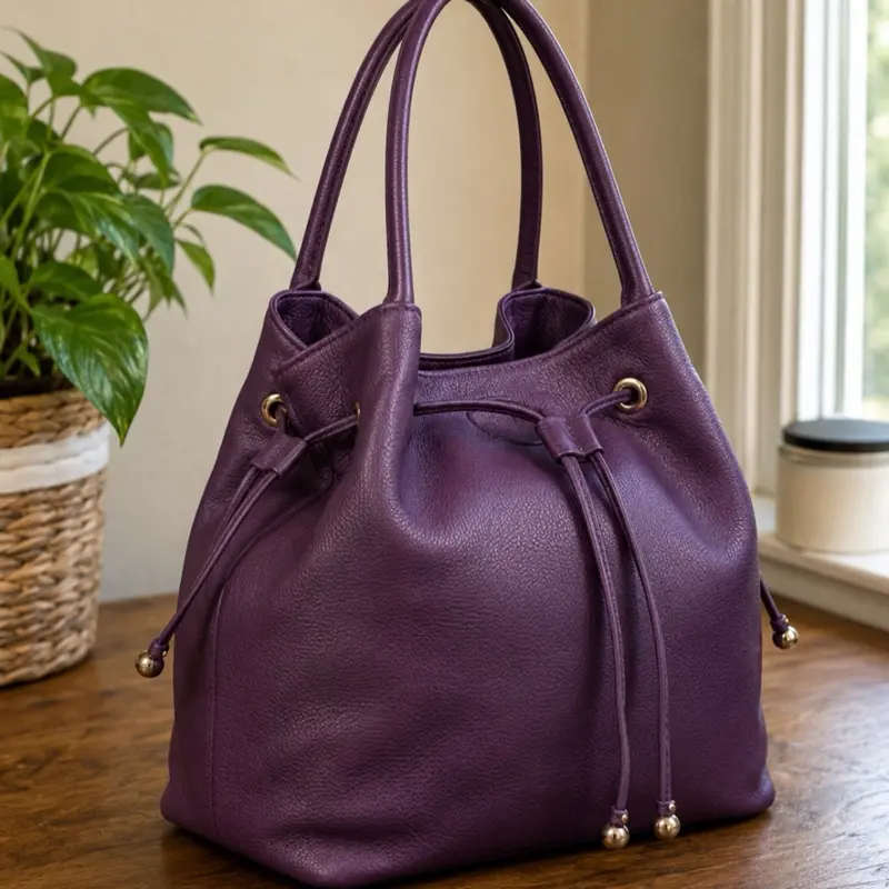 Purple Leather Drawstring Handbag