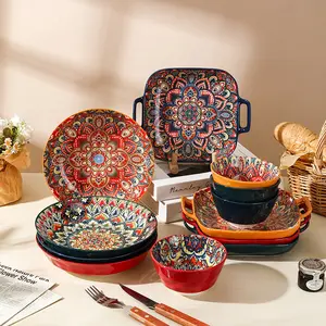 Bohemian Ceramic Dinnerware Set, Vintage Hand-Painted Bowls & Plates, Microwave Oven Safe, Dishwasher Friendly, Christmas Gift