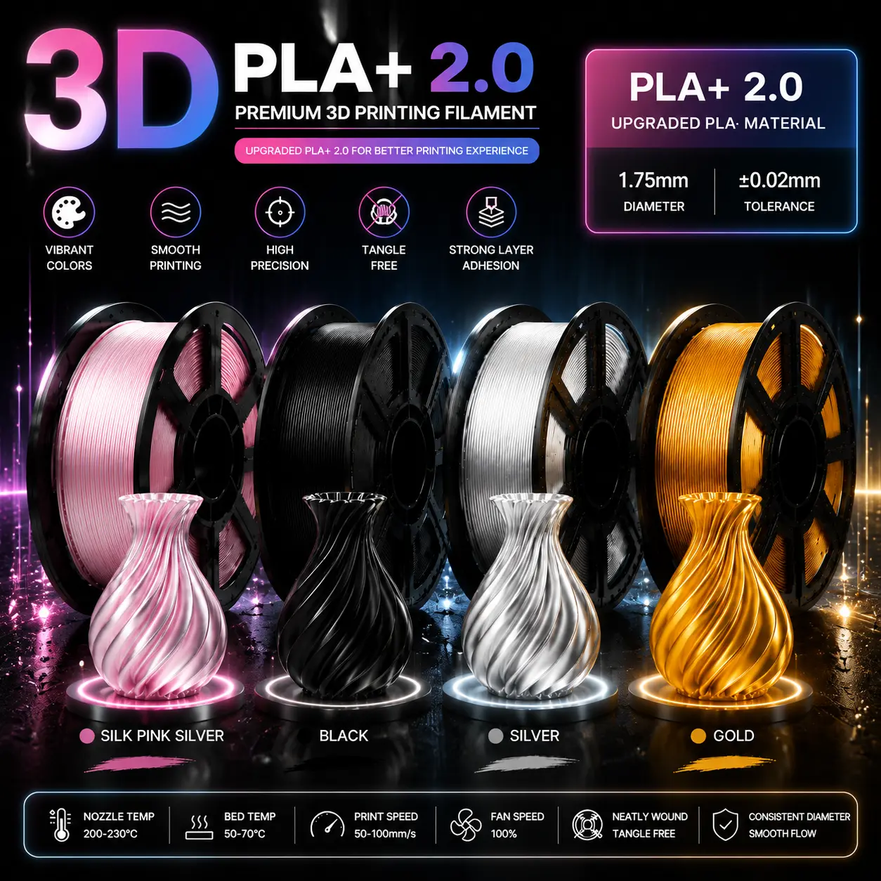 HELOLAND Silk PLA 3D Printer Filament Bundle, Shiny Dual Color Filament 1.75mm Pack, Multi Color 3D Printing Filament for Most FDM 3D Printer, 4 Spools 200g Each