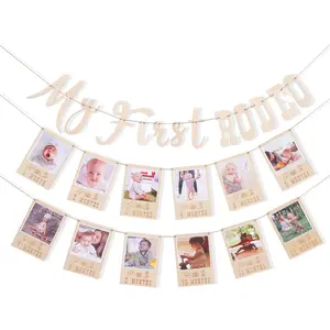 My First Rodeo Banner-Wooden Rodeo Theme Party Decoration,Monthly Photo Banner First Birthday Garland,12 Month Photo Banner,Milestone banner For Cowboy Party
