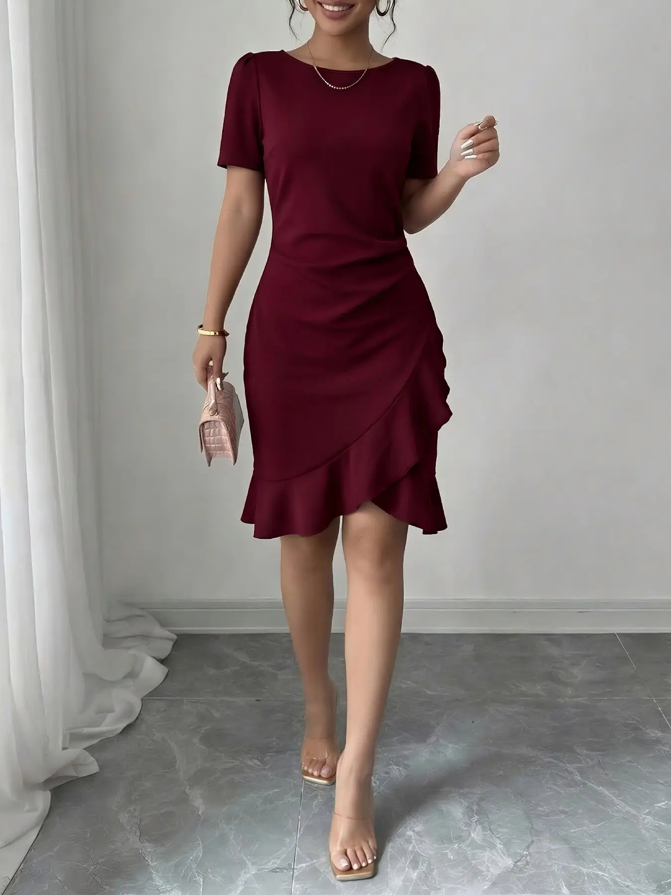 Women's Elegant Solid Color Round Neck Ruffle Dress, Party Casual Formal Dress, Ladies' Pure Color Flounce Dress, Stylish, Chic and Comfortable, Womenswear