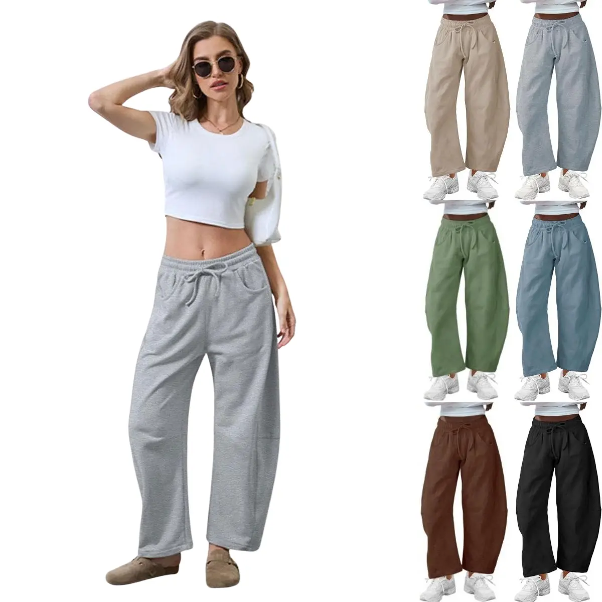 SCUSTY Women's Barrel Leg Pants Drawstring Elastic Waisted Casual Cotton Wide Leg Sweatpant with Pockets