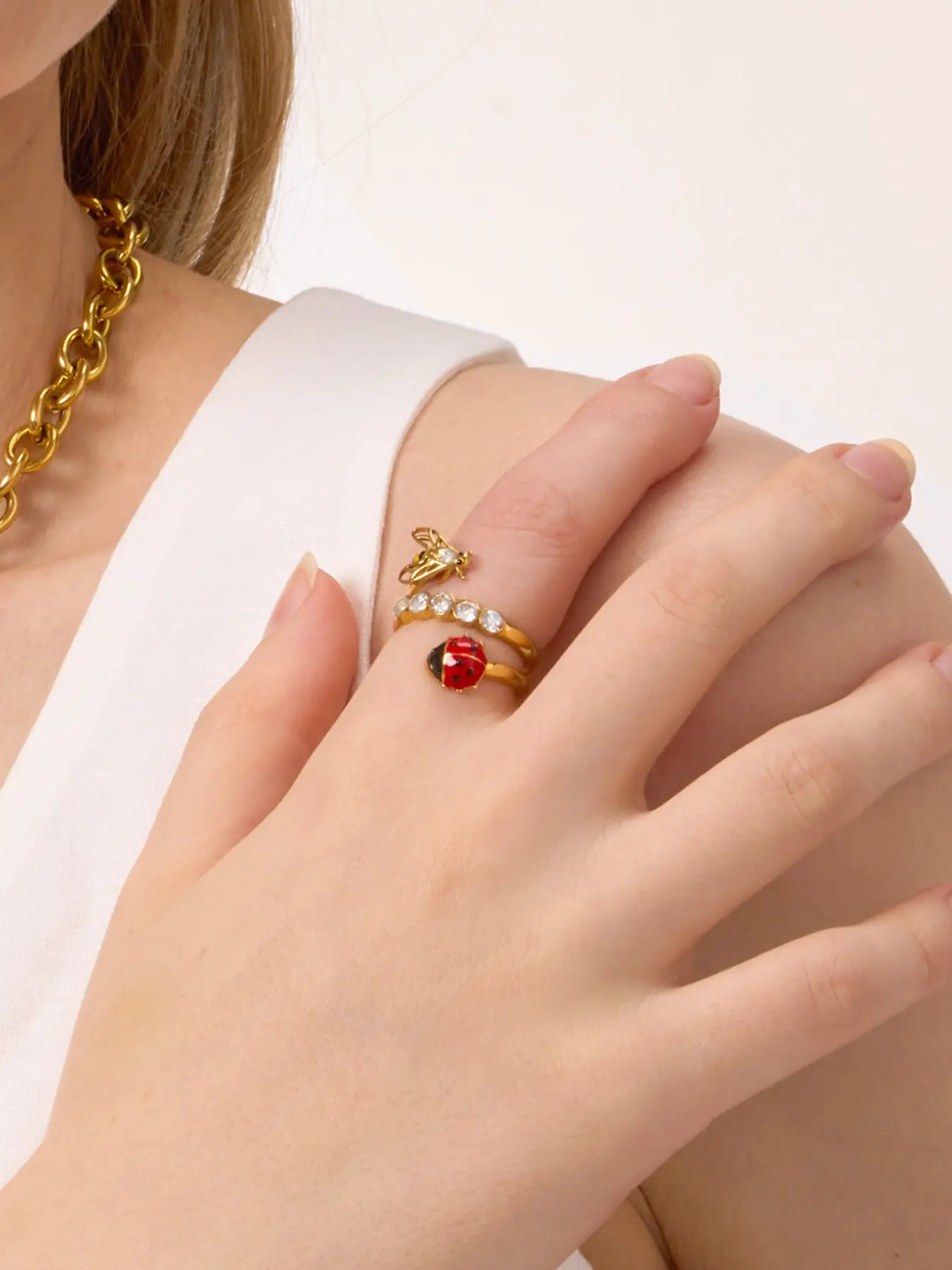 Ladies Ring White Zirconium Oil Ladybug Bee Three Layer Open Statement Multi Ring Unique Rings Beautiful Rings Stainless Steel 18k Gold Plated Waterproof And Anti Allergy Classic Style Cute Jewelry