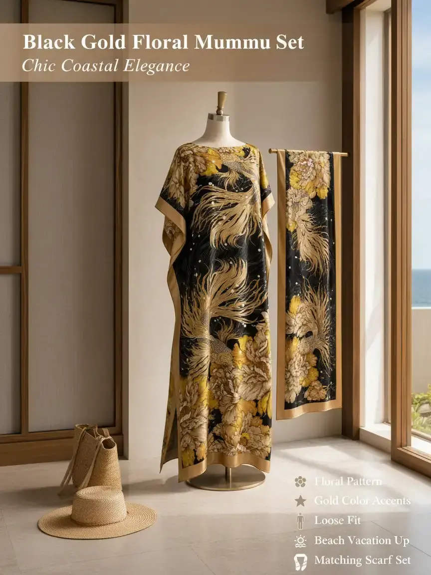 MuuMuu Muse Women's Black Gold Floral Pattern Moomoo Dress & Matching Scarf Set, Loose Muumuu Caftan Robe, Beach Vacation Cover Up