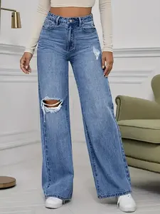 Women's Mid Waisted Pull On Stretchy Flare Ripped Wide Leg Jeans Women Elastic Waist Bell Bottom Boyfriends Straight Baggy Y2K Denim Pants Womens Loose Tummy Control Trendy Bootcut Jeans