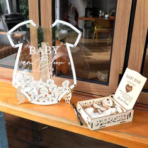 Onesie Shaped Baby Shower Guest Book for Baby in Bloom Decorations, Wooden Guestbook Alternatives Gender Reveal Decorations Table Centerpiece Arrangement Display for 80 Guests