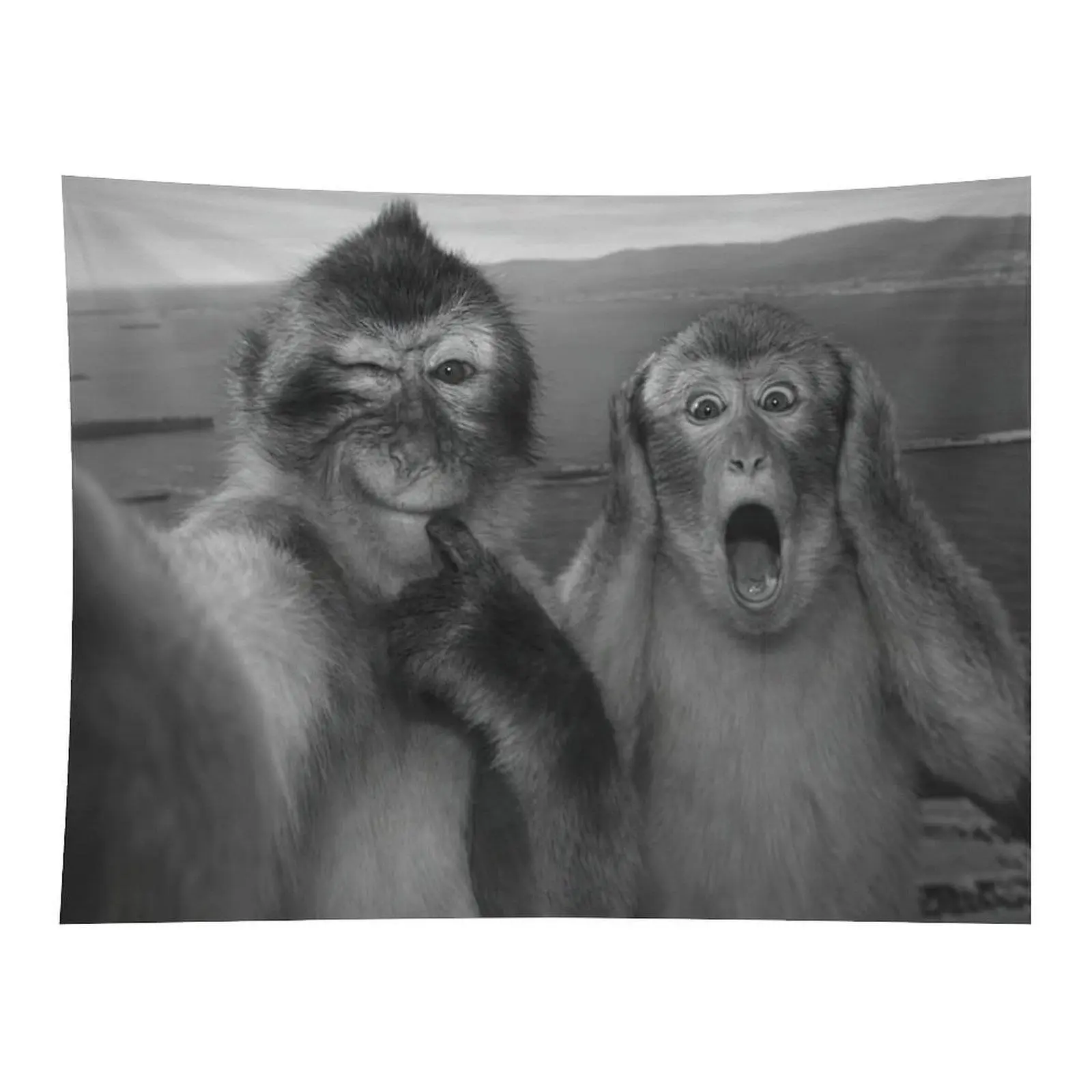 Funny Monkey Selfie Tapestry Black White Animal Photo Wall Hanging for Bedroom Decor