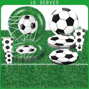This 51-piece sewn disposable cutlery set from a football brand includes 10 dinner plates, 10 dessert plates, 10 paper cups, 20 paper napkins, and a tablecloth. This convenient cutlery set is perfect for camping, picnics, garden barbecues, weddings, and b