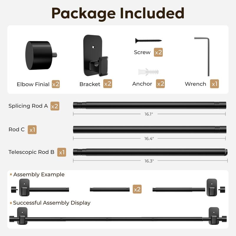 Inovaday No-Drill Curtain Rods for Windows - Adjustable 5/8" Tension Rod, Renter-Friendly Adhesive Brackets, Easy Install Black Drapery Pole