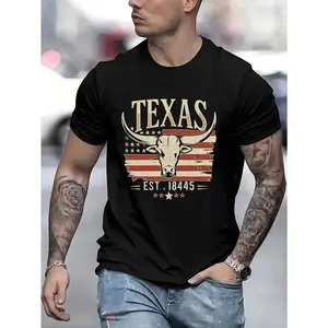 Cotton Short Sleeve  T-Shirt Men's Texas Graphic T-Shirt, 100% Cotton Short Sleeve Tee, Comfortable & Stretchy Casual Summer Style with Bull Skull Design, Est.1845 Print, American Flag Theme, Perfect for Festivals & Casual Attire, Western T Shirts