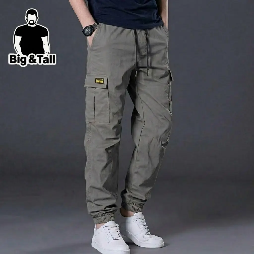 Men’s fashion casual athletic solid-color plus-size cargo pants with a drawstring waist and multiple pockets lightweight and comfortable, suitable for outdoor leisure, sports, everyday fashion outfits, and more.