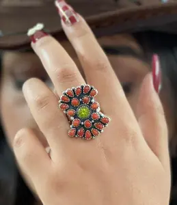 Christmas Collection Handmade Sterling Silver Coral with Peridot Adjustable Ring with Signed Nizhoni