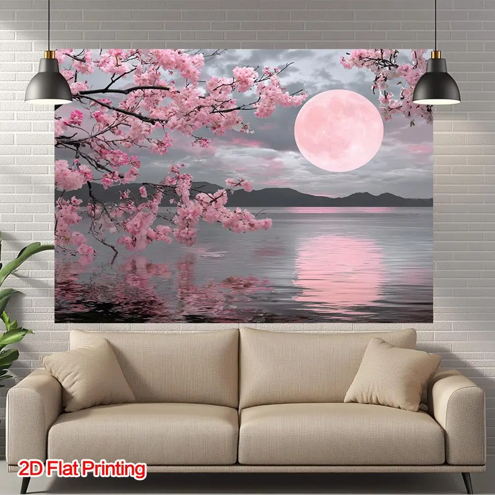 1pc Polyester 2D Flat-Printed Cherry Blossoms and Moonlight Backdrop Tapestry, Backdrop Tapestry Wall Hanging, Living Room Wall Decor, Retro Modern Vibe Home Supply for Portrait Photography