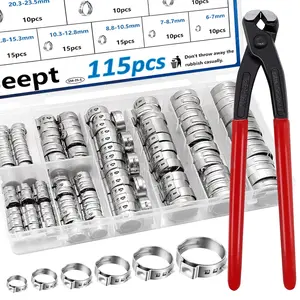 115Pcs 10-Sizes 304 Stainless Single Ear Hose Clamps with Ear clamp plier 6-28.6mm Crimp Hose Clamps Assortment Kit for Auto/Home Appliance/Pipe/Fuel Line Stepless hose clamp with