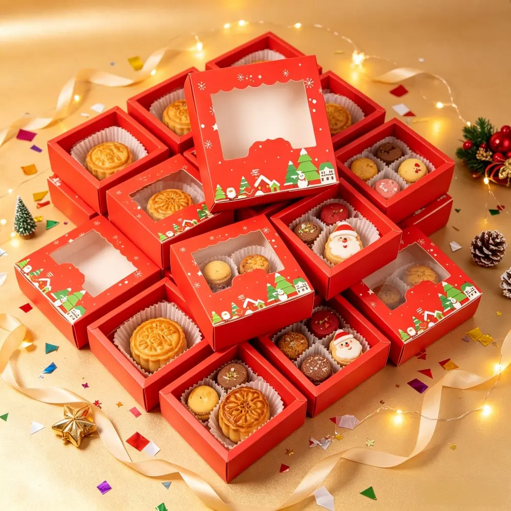 10Pcs Lightweight Sturdy Transparent Christmas Cookie Boxes with Window, Lidded Kitchen Preserving Containers for Holiday Use, Dessert Candy Chocolate Biscuit Packaging & Xmas Gift Wrapping Treat Boxes